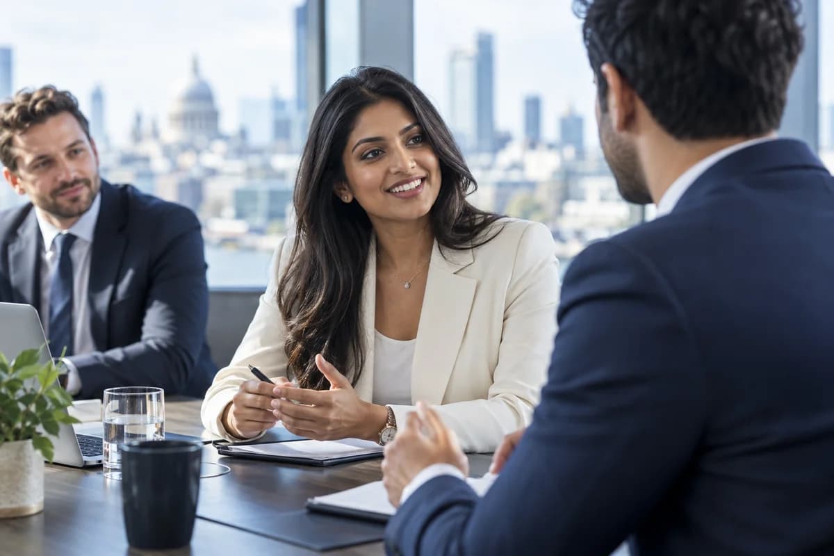 Professionals sharing a conversation in a bright modern workplace